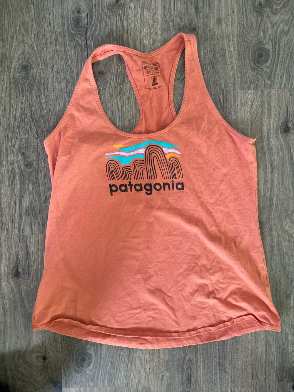 Patagonia Salmon Pink Racerback Graphic Logo Tank Top Sz Medium Organic Cotton